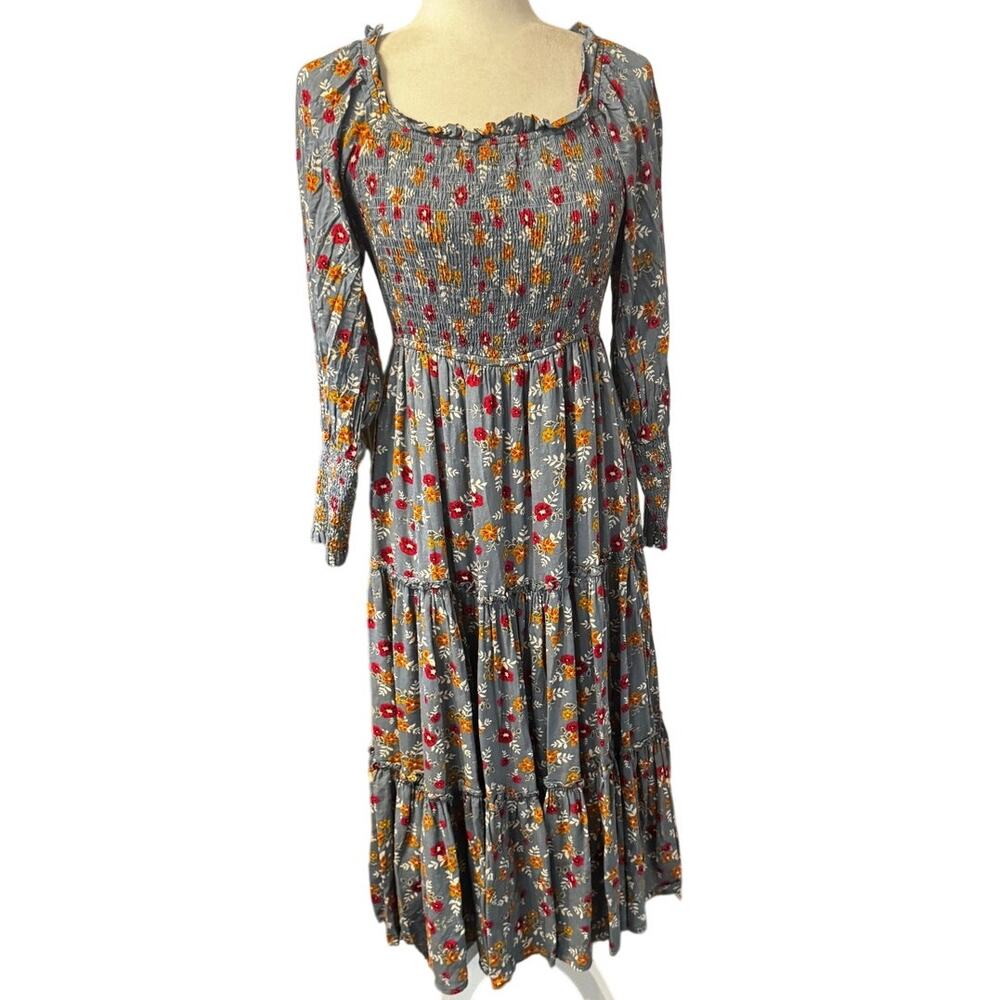 Ivy City Floral Smocked Cottagecore Midi Dress Blue Gray Cotton Medium